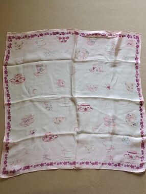 Laura Ashley Cream Scarf with Pink Teacup Motif Silk 21 Sq Aprox